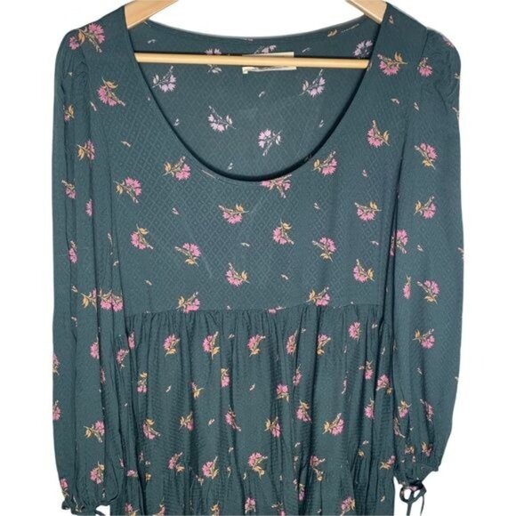 Urban Outfitters Green Floral Boho Tunic Top Long Sleeve Drawstring Size Small - Picture 2 of 10